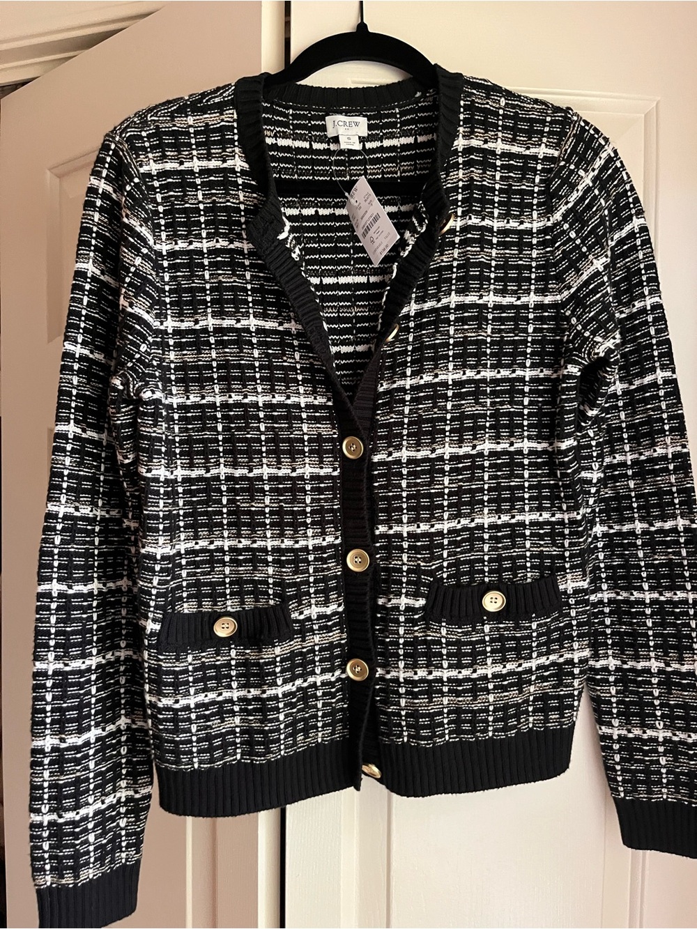 J. Crew Black and White Tweed-Style Cardigan with Gold Buttons